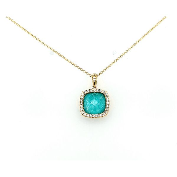 Yellow Gold with Amazonite Quartz and Diamond Halo Necklace Saxons Fine Jewelers Bend, OR