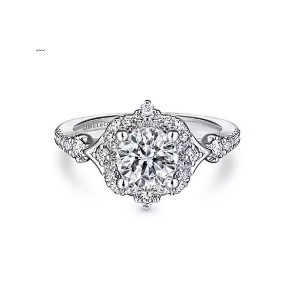 Gabriel & Co. Unique 14K White Gold Vintage Inspired Halo Diamond Engagement Semi Mount Ring (0.34ct) Saxons Fine Jewelers Bend, OR
