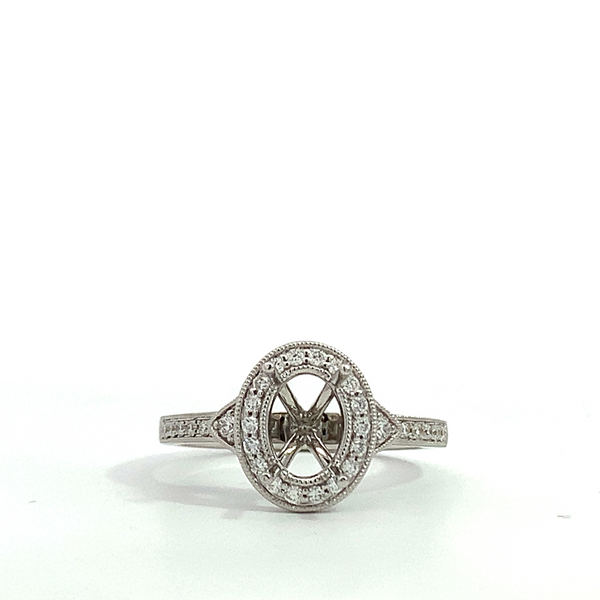 14 Karat White Gold Diamond Oval Milgrain Halo Semi-Mount Ring Saxons Fine Jewelers Bend, OR