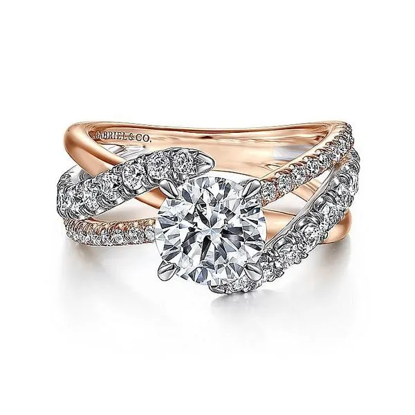 Gabriel & Co. 14 Karat White Gold/Rose Gold Diamond Bypass Twisted Semi-Mount Ring Saxons Fine Jewelers Bend, OR