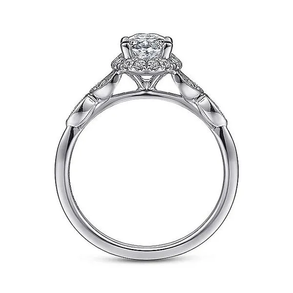 Gabriel & Co. 14 Karat White Gold Diamond Oval Halo Milgrain Leaf Semi-Mount Ring Image 2 Saxons Fine Jewelers Bend, OR