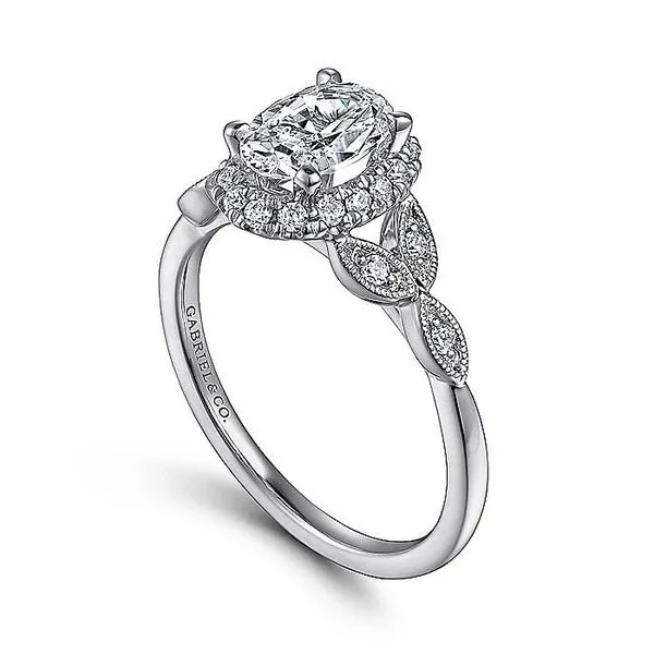 Gabriel & Co. 14 Karat White Gold Diamond Oval Halo Milgrain Leaf Semi-Mount Ring Image 3 Saxons Fine Jewelers Bend, OR