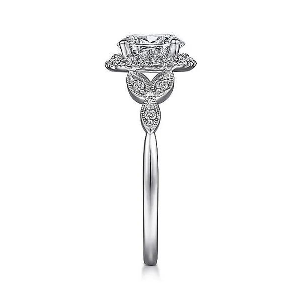 Gabriel & Co. 14 Karat White Gold Diamond Oval Halo Milgrain Leaf Semi-Mount Ring Image 4 Saxons Fine Jewelers Bend, OR