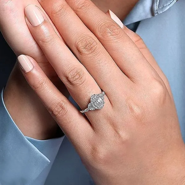 Gabriel & Co. 14 Karat White Gold Diamond Oval Halo Milgrain Leaf Semi-Mount Ring Image 5 Saxons Fine Jewelers Bend, OR