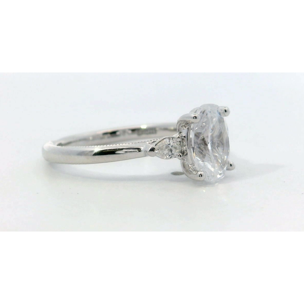 18K White Gold Oval Diamond Three Stone Milgrain Edge Semi Mount Engagement Ring Setting Image 2 Saxons Fine Jewelers Bend, OR