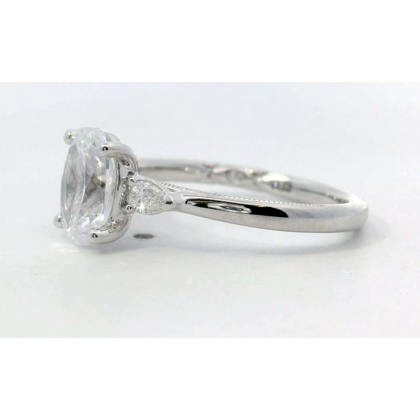 18K White Gold Oval Diamond Three Stone Milgrain Edge Semi Mount Engagement Ring Setting Image 3 Saxons Fine Jewelers Bend, OR