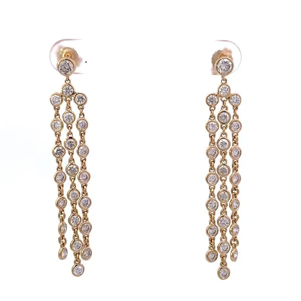14 Karat Yellow Gold Diamond Bezel Set Three Strand Drop Earrings Saxons Fine Jewelers Bend, OR