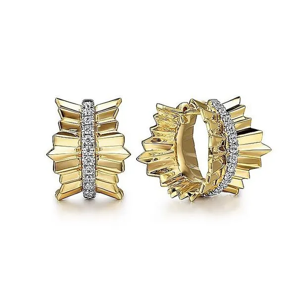 Gabriel & Co. 14 Karat Yellow Gold Diamond Huggie Diamond Cut Texture Earrings Saxons Fine Jewelers Bend, OR