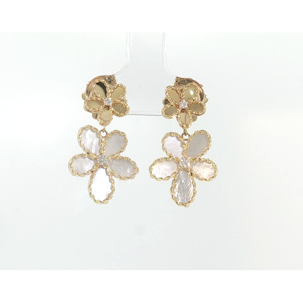 Roberto Coin 18 Karat Yellow Gold Mother of Pearl Diamond Flower Drop Earrings Saxons Fine Jewelers Bend, OR