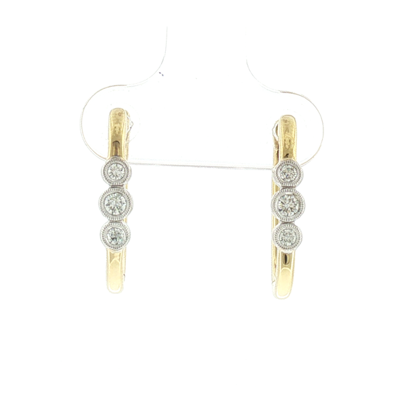 18K Yellow and White Gold Diamond Milgrain Bezel Three-Stone Oval Hoop Earrings Saxons Fine Jewelers Bend, OR