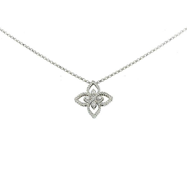 Roberto Coin 18 Karat White Gold Diamond Principessa Flower Necklace Saxons Fine Jewelers Bend, OR