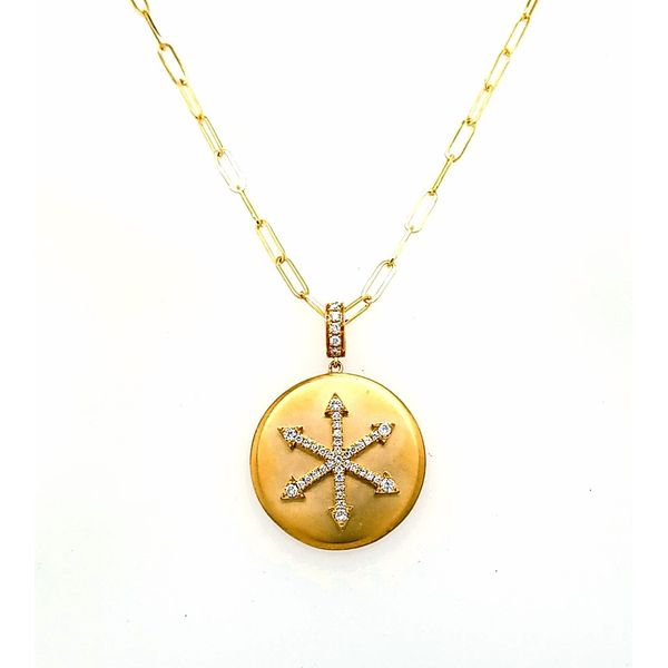 Doves. Yellow Gold Diamond Arrows Disc Pendant Paper Clip Chain Saxons Fine Jewelers Bend, OR