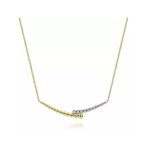 Gabriel & Co. 14K Yellow-White Gold Diamond Pave and Bujukan Bead Curved Bar Necklace Saxons Fine Jewelers Bend, OR