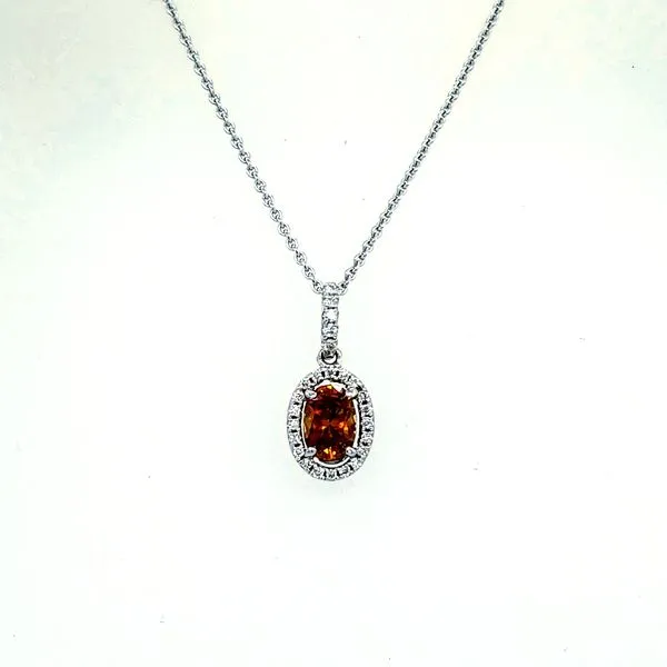 14 Karat White Gold Oval Orange Brown Diamond Halo Pendant Saxons Fine Jewelers Bend, OR