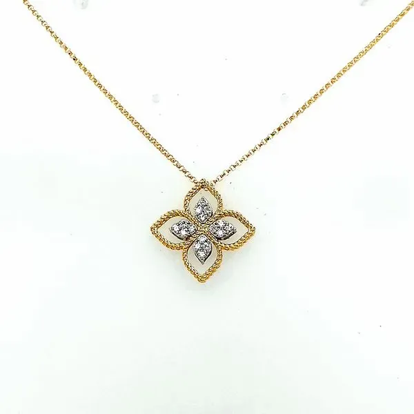 Roberto Coin. 18 Karat Yellow Gold/White Gold Diamond Principessa Flower Necklace Saxons Fine Jewelers Bend, OR