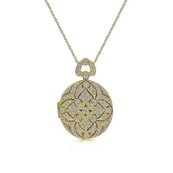 Gabriel & Co. 14 Karat Yellow Gold Diamond Vintage Filigree Locket Necklace Saxons Fine Jewelers Bend, OR