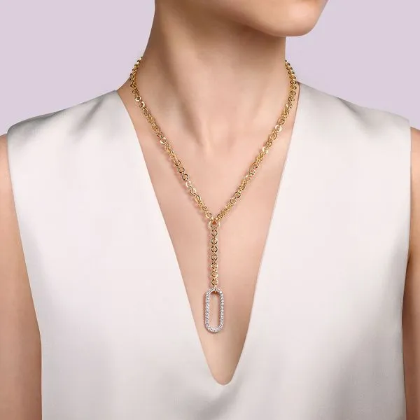Gabriel & Co. 14 Karat Yellow Gold Hollow Tube Link Diamond Necklace Image 3 Saxons Fine Jewelers Bend, OR