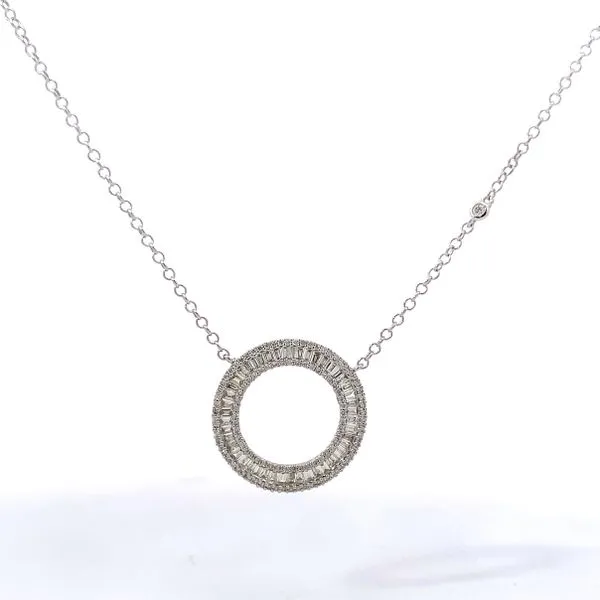 14 Karat White Gold Diamond Baguette Circle Round Halo Pendant Saxons Fine Jewelers Bend, OR