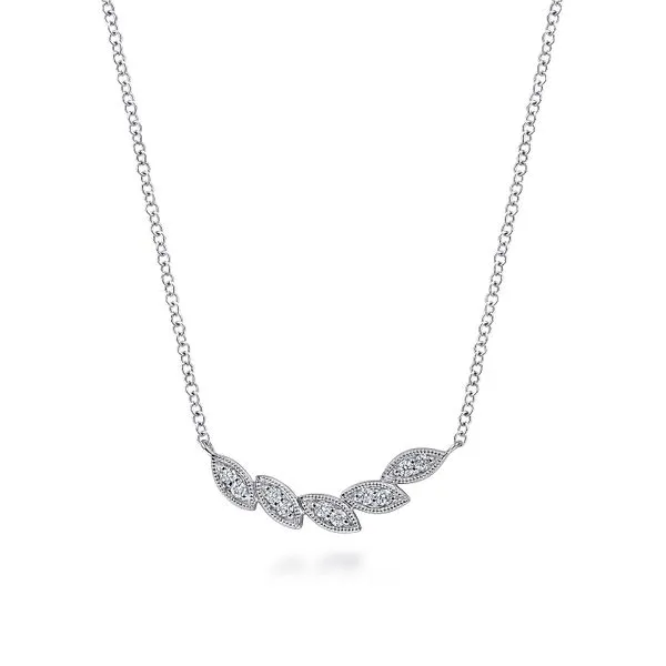 14K White Gold Diamond Leaf Curved Bar Necklace Saxons Fine Jewelers Bend, OR