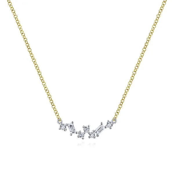 Gabriel & Co. 14 Karat Yellow Gold/White Gold Diamond Baguette Round Zig Zag Necklace Saxons Fine Jewelers Bend, OR