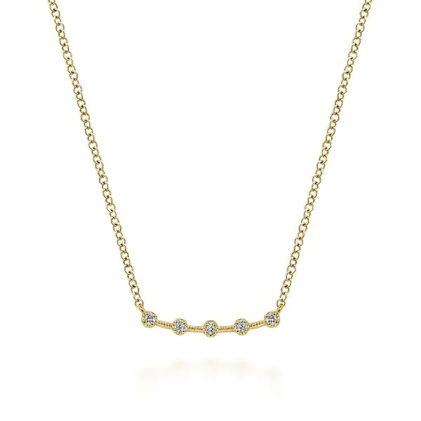 Gabriel & Co. 14 Karat Yellow Gold Diamond Station Curved Bar Necklace Saxons Fine Jewelers Bend, OR