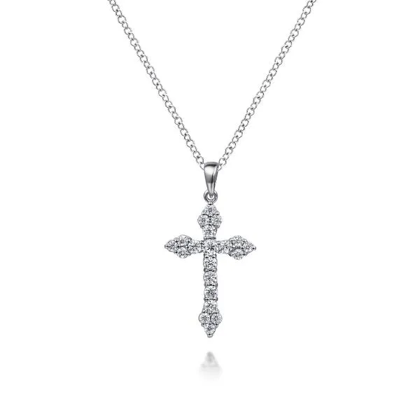 Gabriel & Co. 14 Karat White Gold Diamond Cross Pendant Necklace Saxons Fine Jewelers Bend, OR