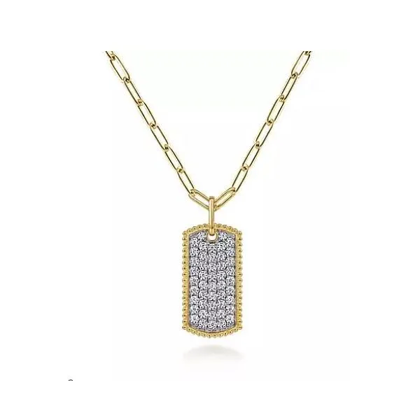 Gabriel & Co. Yellow Gold and Diamond Pave Dog Tag Necklace Saxons Fine Jewelers Bend, OR