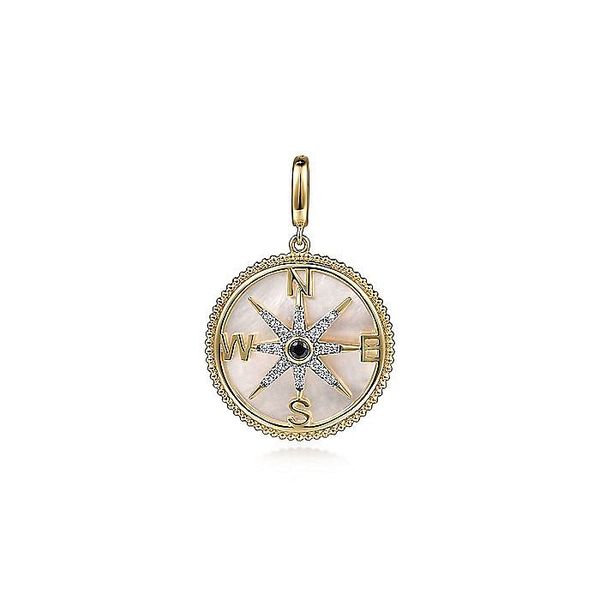 Gabriel & Co. 14 Karat Yellow Gold Diamond Blue Sapphire Compass Medallion Pendant Saxons Fine Jewelers Bend, OR