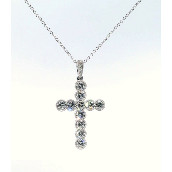 18K White Gold Diamond Milgrain Bezel Cross Pendant Necklace Saxons Fine Jewelers Bend, OR