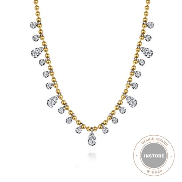 14K Two Tone Gold Diamond Bujukan Droplet Necklace Gabriel and Co Saxon's Fine Jewelers Bend OR Saxons Fine Jewelers Bend, OR