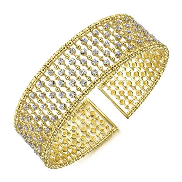 Gabriel & Co. 14 Karat Yellow Gold Diamond Wide Open Bangle Image 2 Saxons Fine Jewelers Bend, OR