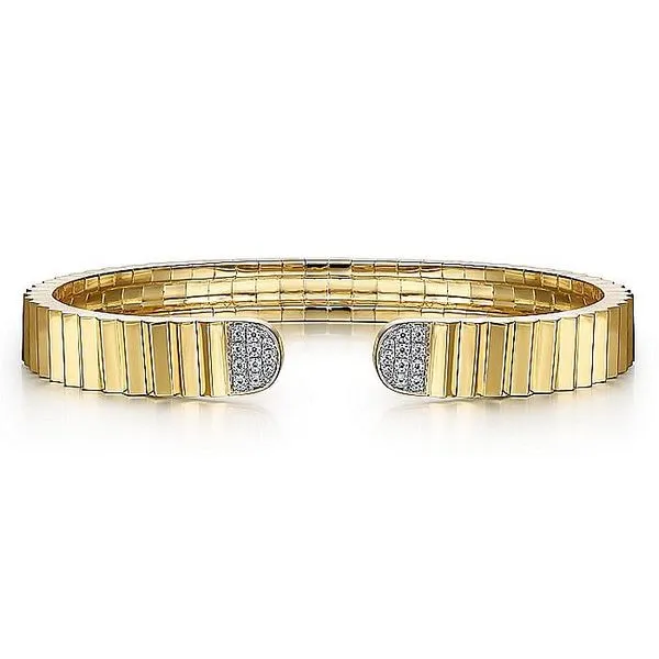 Gabriel & Co. 14 Karat Yellow Gold Diamond Open Diamond Cut Texture Bangle Saxons Fine Jewelers Bend, OR