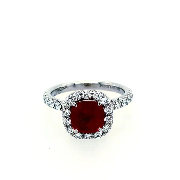 Platinum Burma Cushion Ruby Halo Diamond Saxons Fine Jewelers Bend, OR