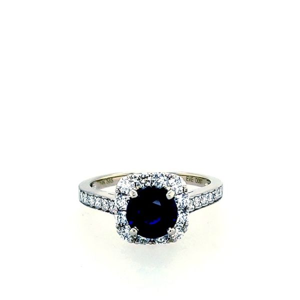 14 Karat White Gold Blue Sapphire Diamond Square Halo Ring Saxons Fine Jewelers Bend, OR