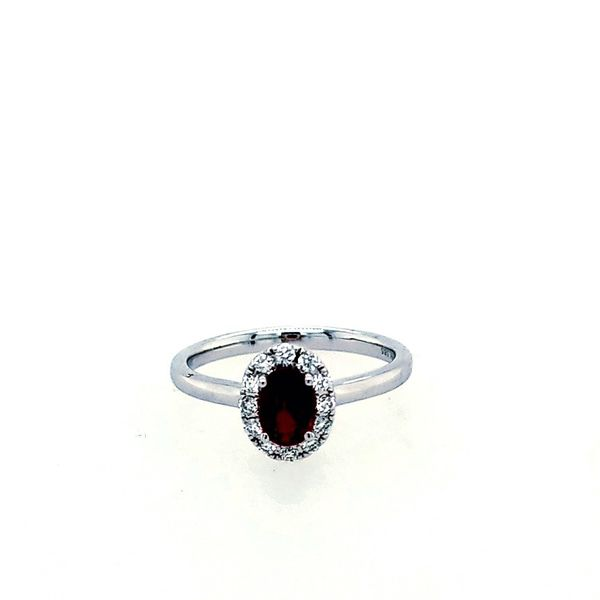 14 Karat White Gold Ruby Oval Diamond Halo Ring Saxons Fine Jewelers Bend, OR