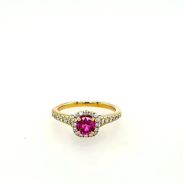 14 Karat Yellow Gold Pink Sapphire Diamond Square Halo Ring Saxons Fine Jewelers Bend, OR