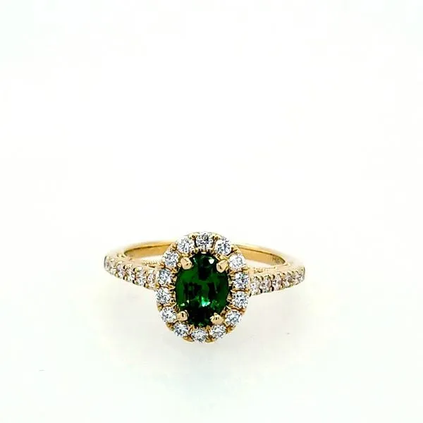 14 Karat Yellow Gold Tsavorite Garnet Oval Diamond Halo Ring Saxons Fine Jewelers Bend, OR