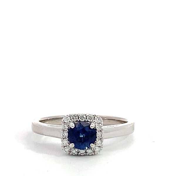 14 Karat White Gold Round Blue Sapphire Diamond Square Halo Solitaire Ring Saxons Fine Jewelers Bend, OR