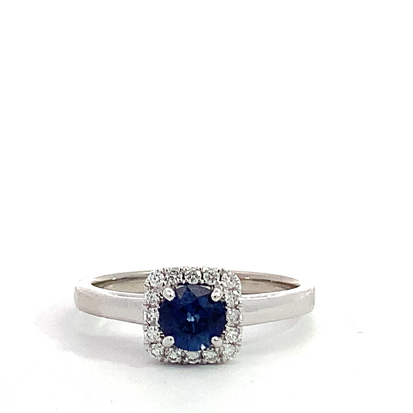 14 Karat White Gold Round Blue Sapphire Diamond Square Halo Solitaire Ring Saxons Fine Jewelers Bend, OR