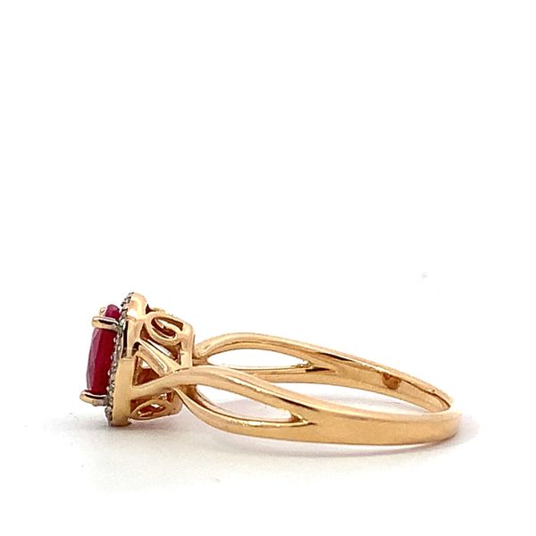 14 Karat Yellow Gold Oval Ruby Diamond Halo Split Shank Ring Image 2 Saxons Fine Jewelers Bend, OR