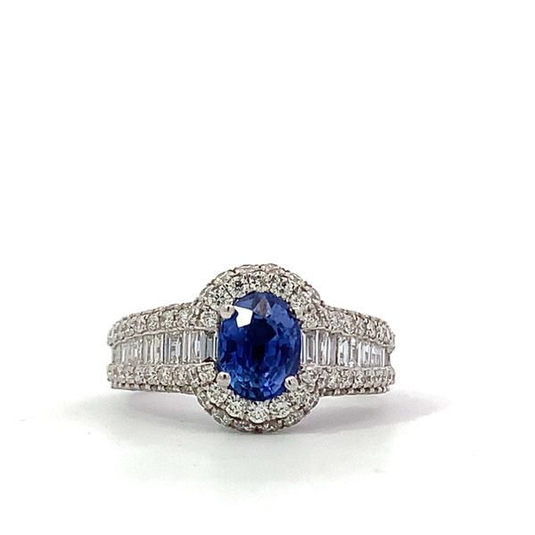 14 Karat White Gold Oval Sapphire Diamond Baguette Round Ring Saxons Fine Jewelers Bend, OR