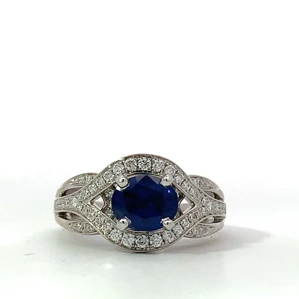 14 Karat White Gold Oval Blue Sapphire Diamond Twisted Ring Saxons Fine Jewelers Bend, OR