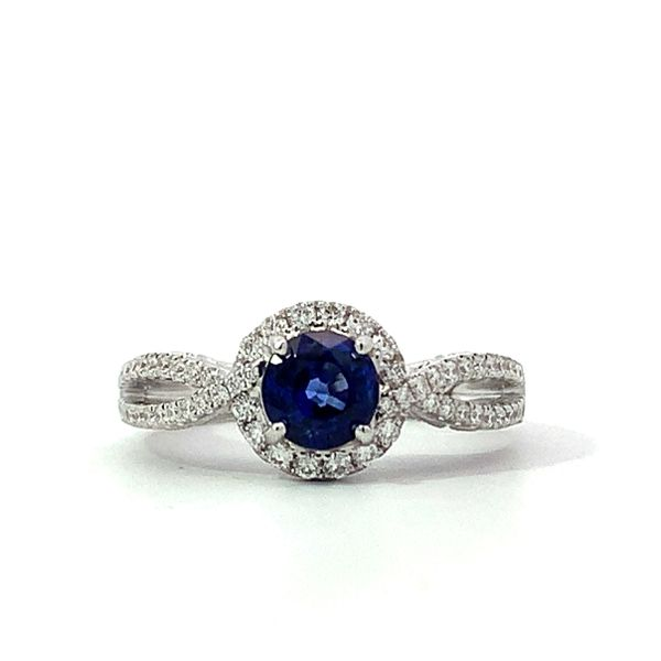 14 Karat White Gold Ceylon Round Blue Sapphire Twisted Diamond Halo Ring Saxons Fine Jewelers Bend, OR