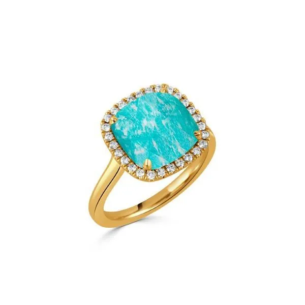 Doves. 18 Karat Yellow Gold Amazonite Diamond Halo Ring Saxons Fine Jewelers Bend, OR
