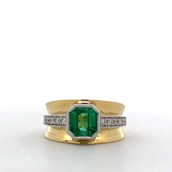 18 Karat Yellow Gold/White Gold Emerald Square Milgrain Bezel Diamond Ring Saxons Fine Jewelers Bend, OR