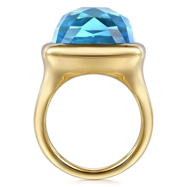 Gabriel & Co. 14 Karat Yellow Gold Blue Topaz Cushion Cut Flower Pattern Ring Image 2 Saxons Fine Jewelers Bend, OR