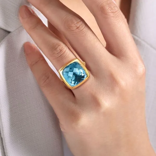 Gabriel & Co. 14 Karat Yellow Gold Blue Topaz Cushion Cut Flower Pattern Ring Image 4 Saxons Fine Jewelers Bend, OR