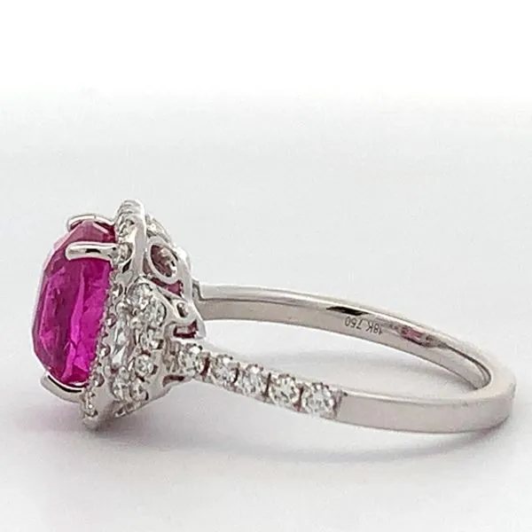 18 Karat White Gold Cushion Pink Sapphire Diamond Three Stone Halo Ring Image 2 Saxons Fine Jewelers Bend, OR