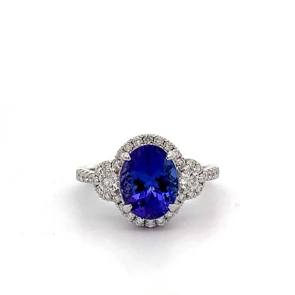 14 Karat White Gold Oval Tanzanite Diamond Halo Three Stone Ring Saxons Fine Jewelers Bend, OR