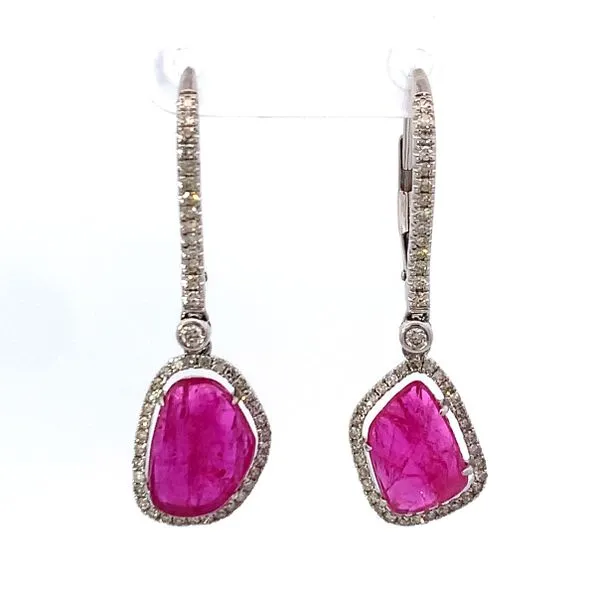 14 Karat White Gold Ruby Diamond Halo Drop Earrings Saxons Fine Jewelers Bend, OR